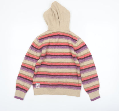 FatFace Girls Beige Multicoloured Striped Hooded Pullover Jumper 11-12 Years