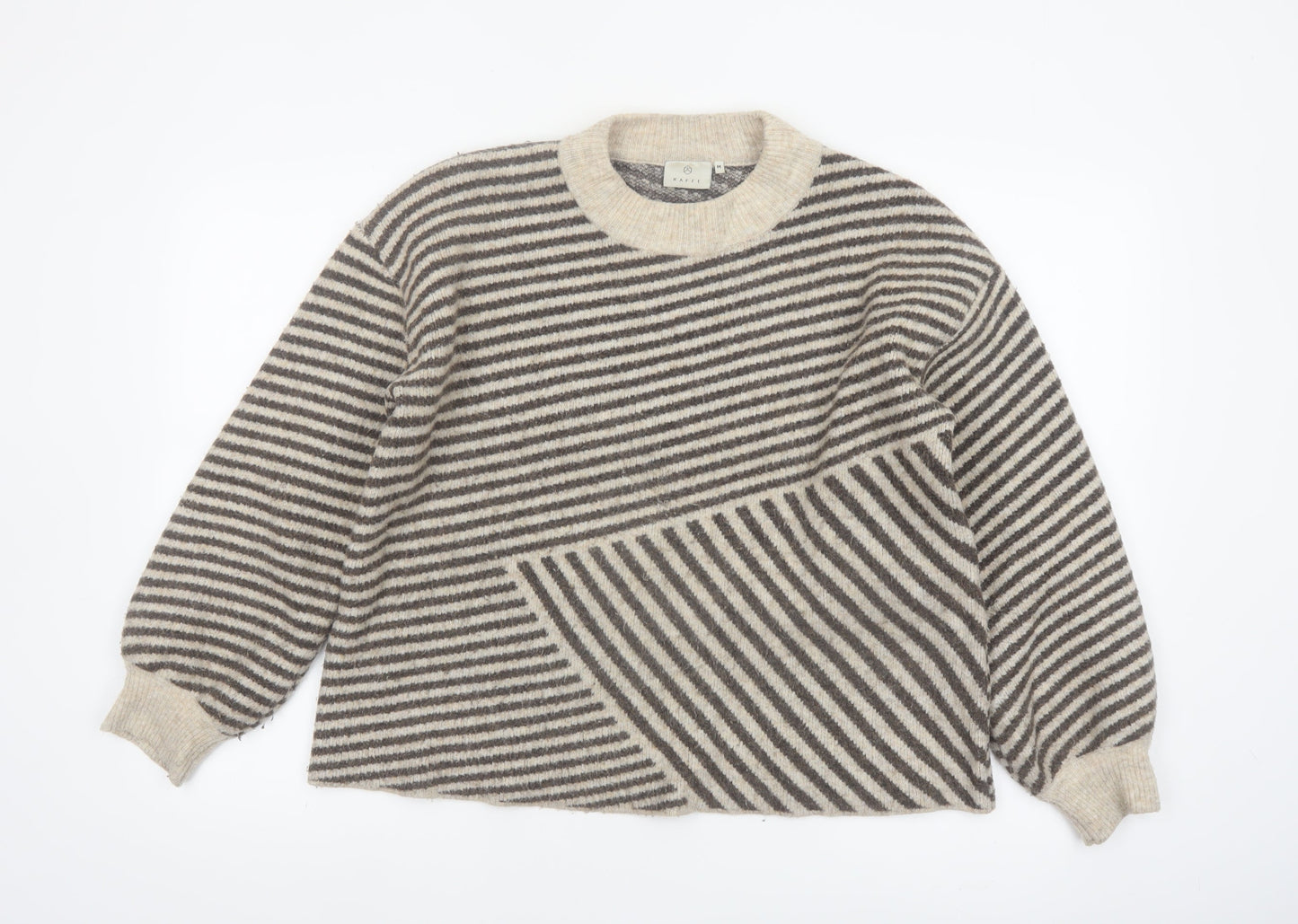 Kaffe Women Beige Striped Chunky-Knit Wool Blend Pullover Jumper M