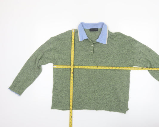 Zara Women's Green Collared Henley Knit Jumper Size L