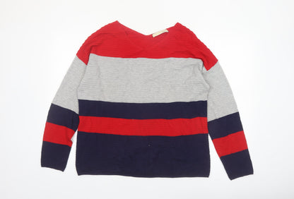 Oui Women Red Grey Blue Striped V-Neck Knit Jumper Size 14