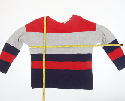 Oui Women Red Grey Blue Striped V-Neck Knit Jumper Size 14