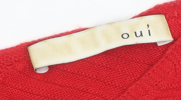 Oui Women Red Grey Blue Striped V-Neck Knit Jumper Size 14