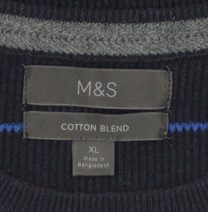Marks and Spencer Men's Blue Striped Cotton Blend Pullover Jumper XL