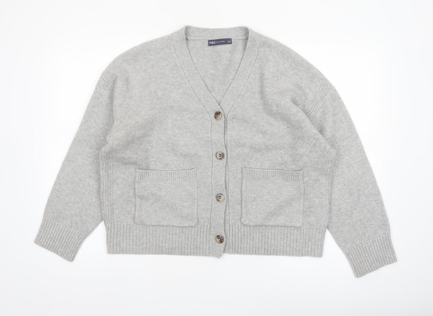 Marks and Spencer Women Grey L V-Neck Button Knit Cardigan