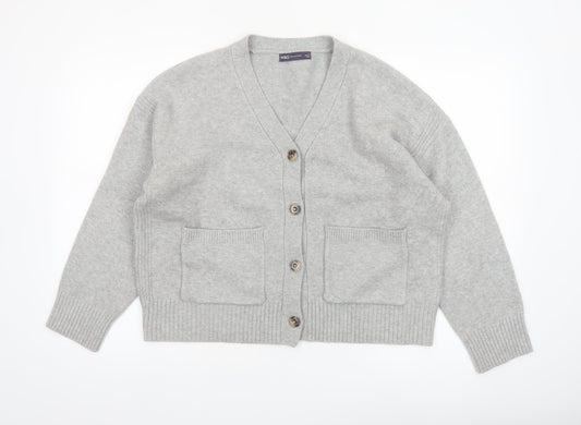 Marks and Spencer Women Grey L V-Neck Button Knit Cardigan