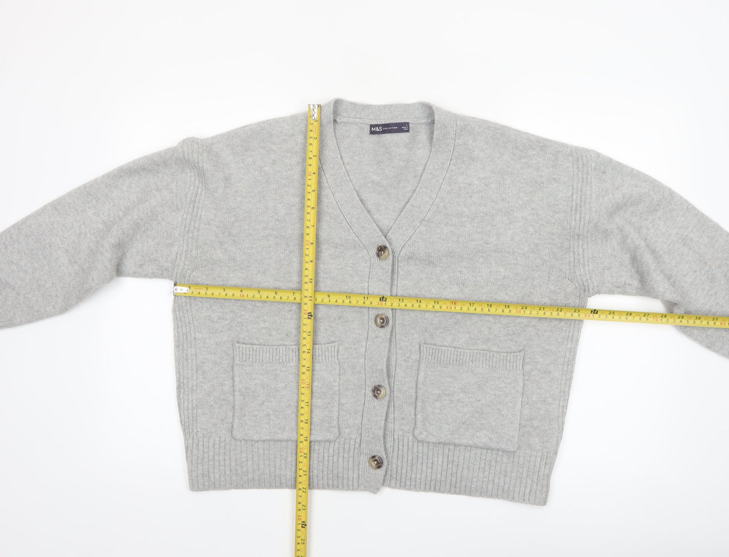 Marks and Spencer Women Grey L V-Neck Button Knit Cardigan