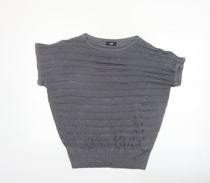 Wallis Women's Grey Metallic Knit Short Sleeve Blouse M
