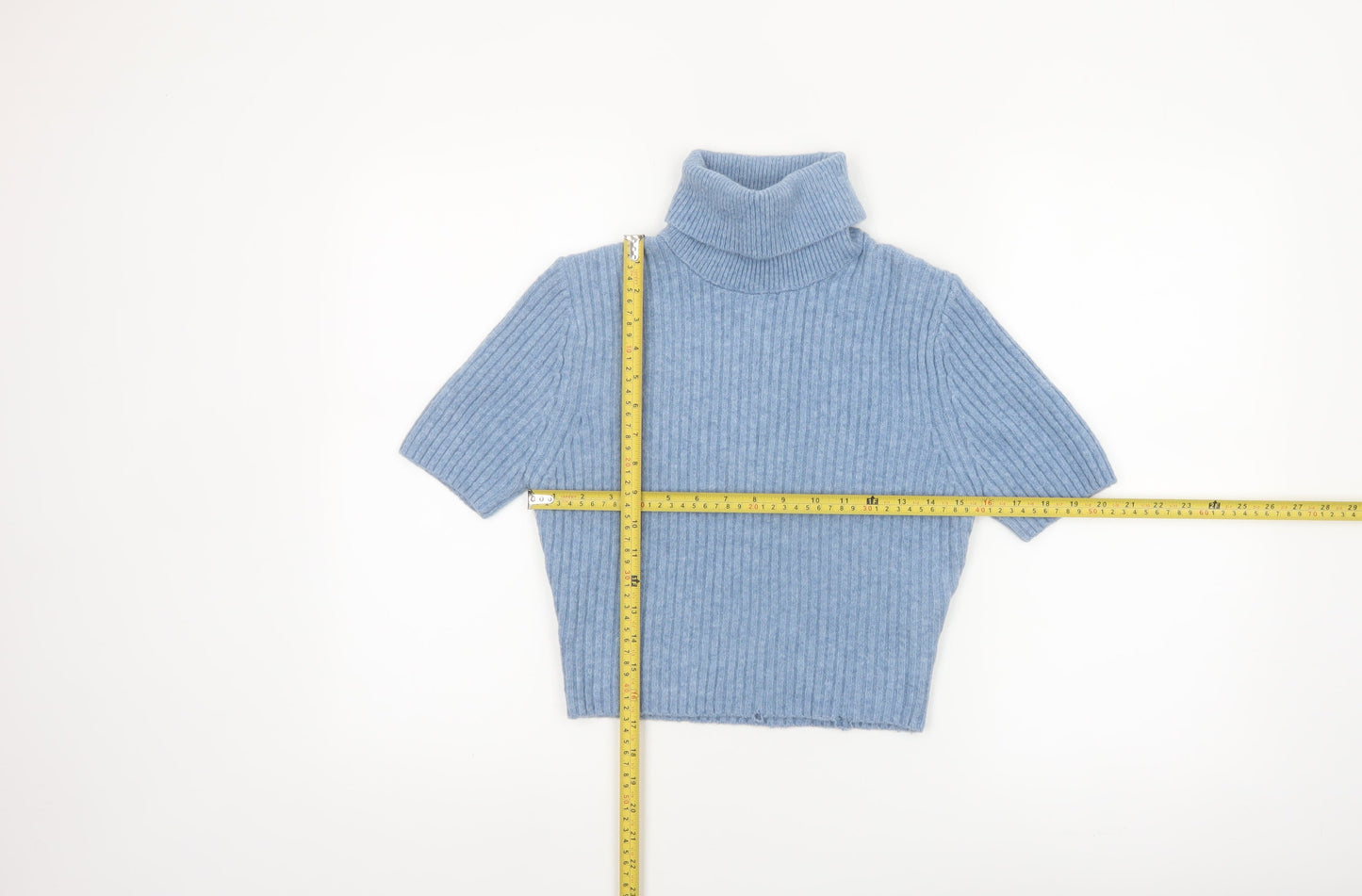 Zara Women Blue Roll Neck Short Sleeve Rib Knit Jumper M
