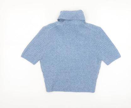Zara Women Blue Roll Neck Short Sleeve Rib Knit Jumper M