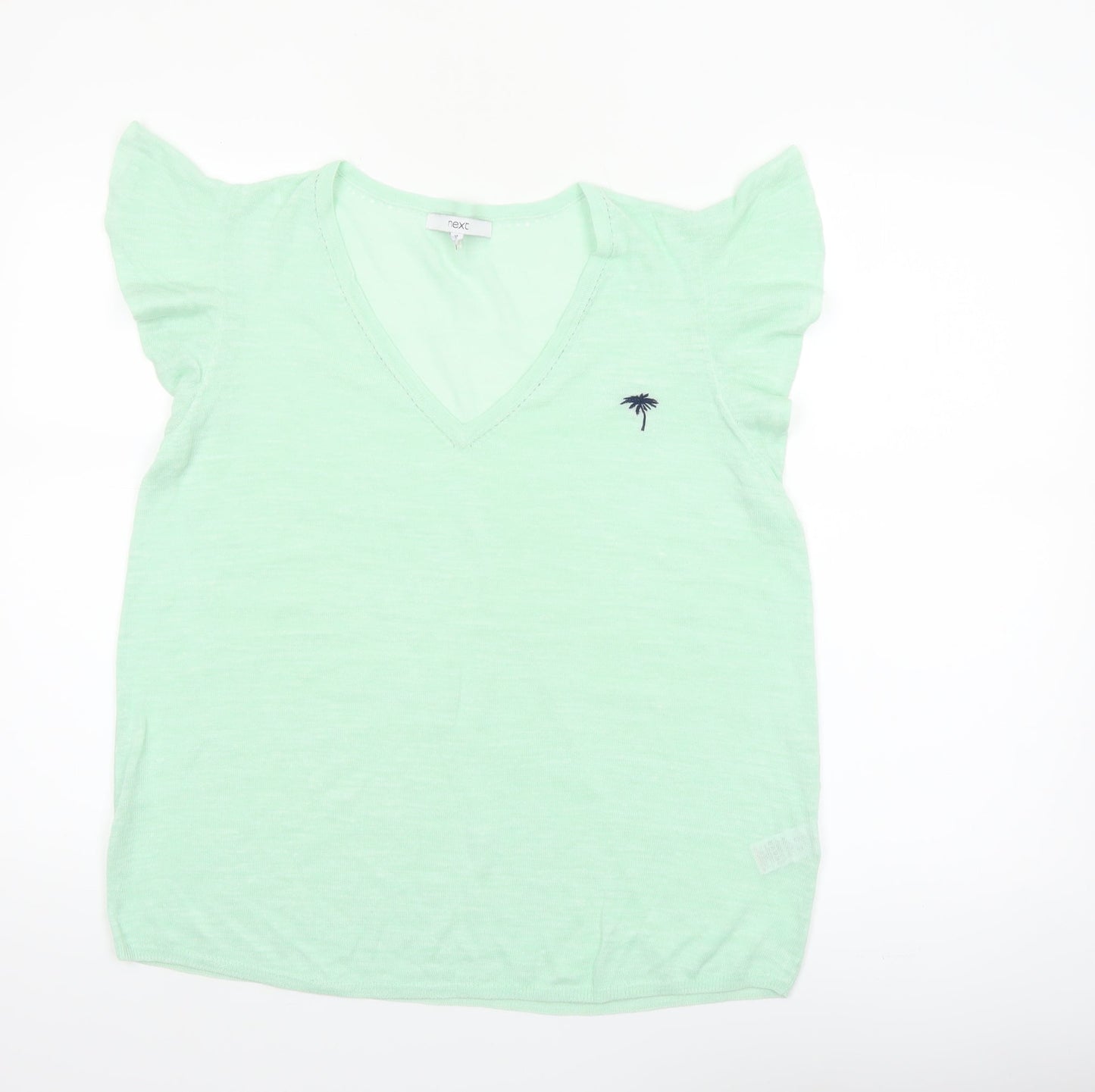 Next Women Green V-Neck Short Sleeve Linen Blend T-Shirt Size 14
