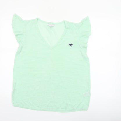 Next Women Green V-Neck Short Sleeve Linen Blend T-Shirt Size 14