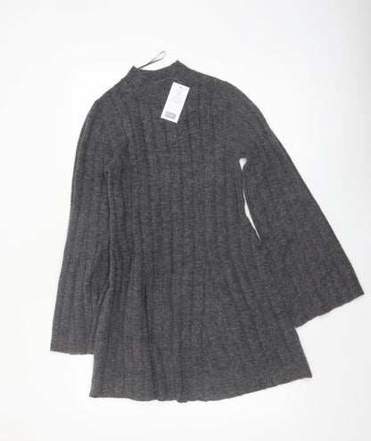 F&F Women’s Grey Knit Jumper Dress M Long Sleeve High Neck