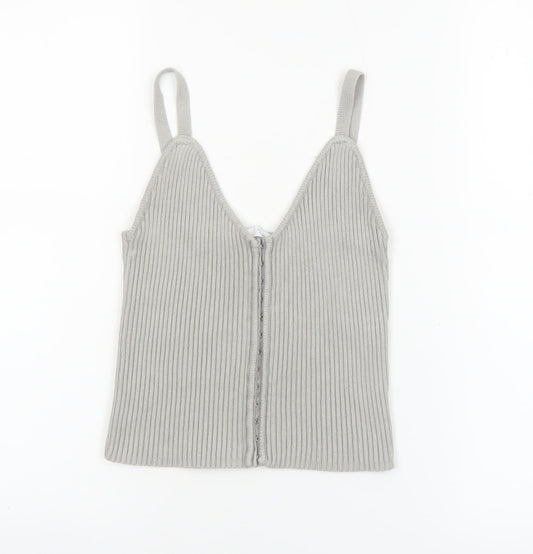 ZARA Women Grey Ribbed Knit Zip Camisole Tank Top Size 12