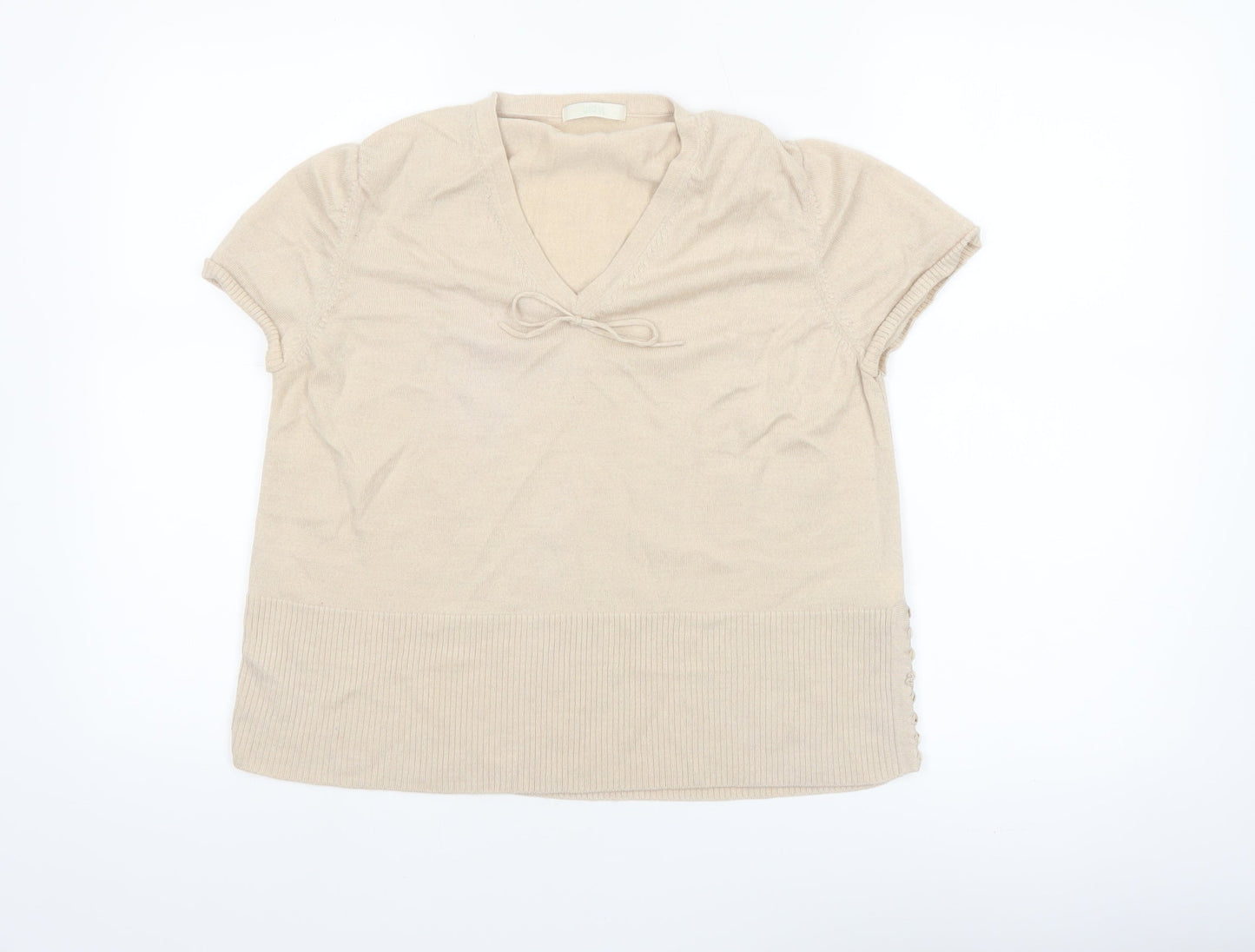 Marks & Spencer Women’s Beige Merino Wool V-Neck Short Sleeve Jumper Size 22