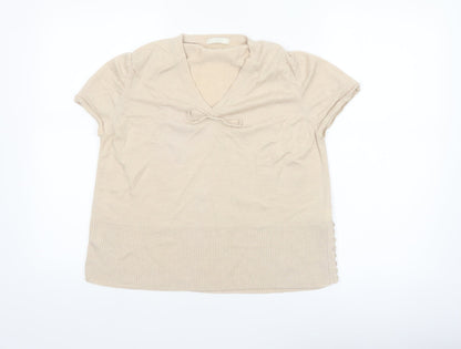 Marks & Spencer Women’s Beige Merino Wool V-Neck Short Sleeve Jumper Size 22
