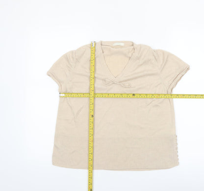 Marks & Spencer Women’s Beige Merino Wool V-Neck Short Sleeve Jumper Size 22