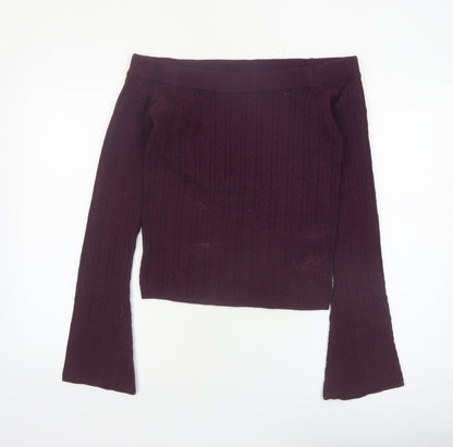 Bershka Womens Purple Cable Knit Off Shoulder Jumper Size 14