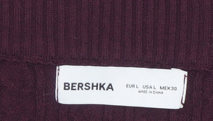 Bershka Womens Purple Cable Knit Off Shoulder Jumper Size 14