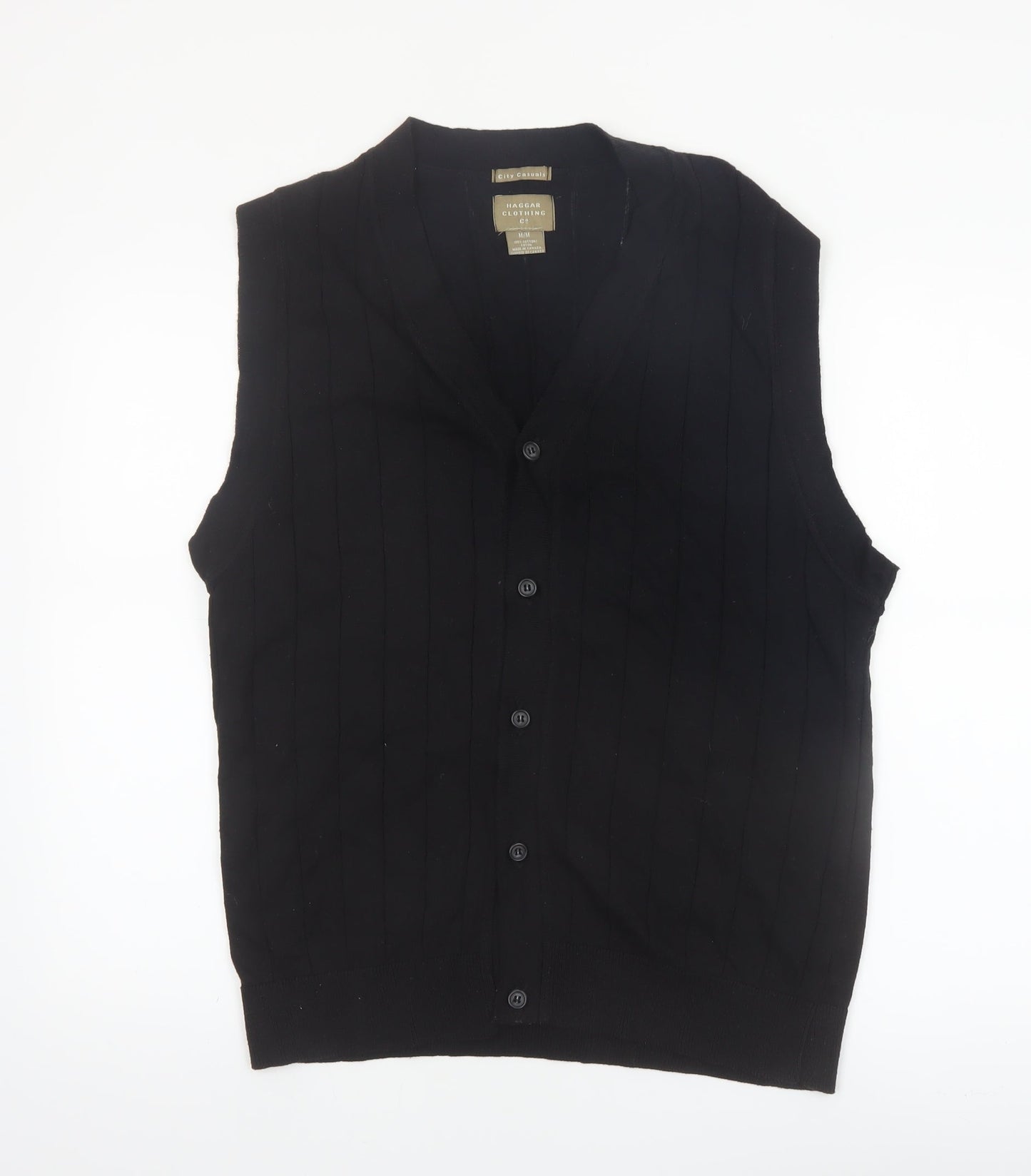 Haggar Men Black Cotton V-Neck Button Knit Vest M
