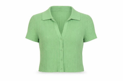 H&M Divided Women's Green Collared Ribbed Cropped Button-Up Top XS