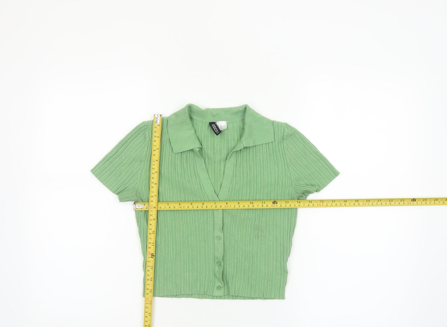 H&M Divided Women's Green Collared Ribbed Cropped Button-Up Top XS
