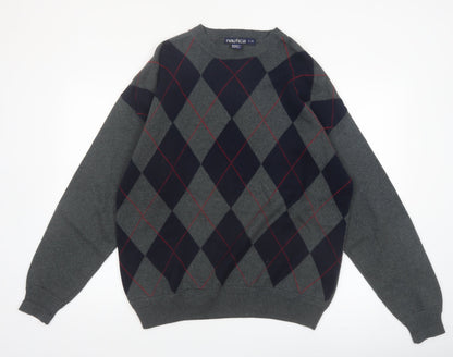 Nautica Men's Grey Argyle Cotton Pullover Jumper Size L