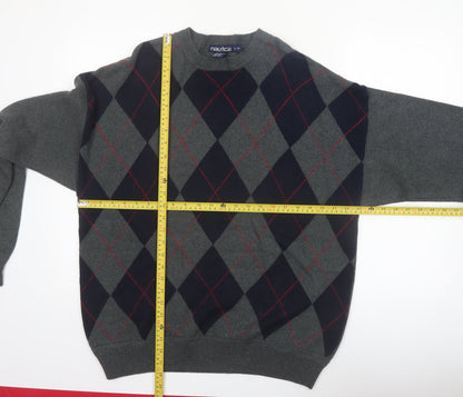 Nautica Men's Grey Argyle Cotton Pullover Jumper Size L