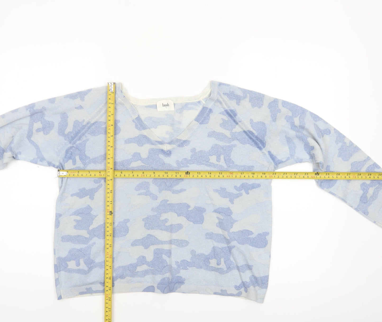 Hush Women’s Blue Camouflage Wool Blend V-Neck Jumper XL