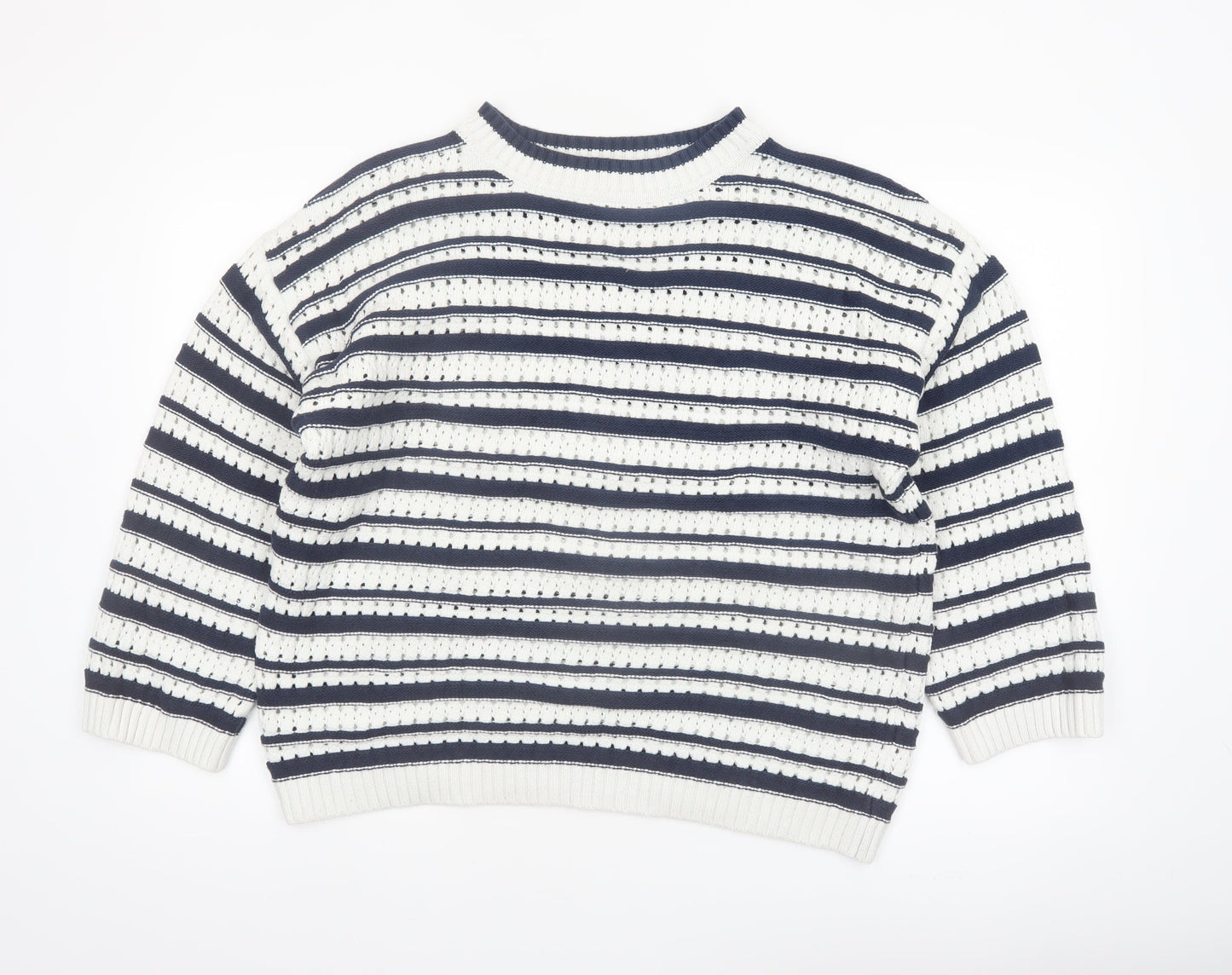 F&F Women’s Navy & White Striped Knit Jumper Size L Crew Neck Pullover