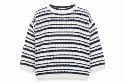 F&F Women’s Navy & White Striped Knit Jumper Size L Crew Neck Pullover