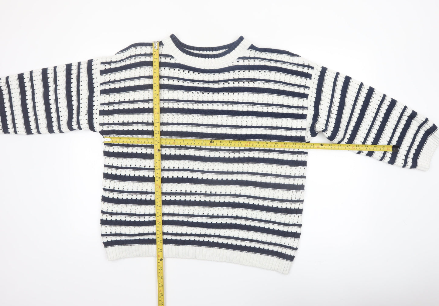 F&F Women’s Navy & White Striped Knit Jumper Size L Crew Neck Pullover