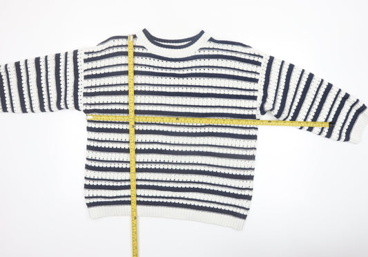F&F Women’s Navy & White Striped Knit Jumper Size L Crew Neck Pullover