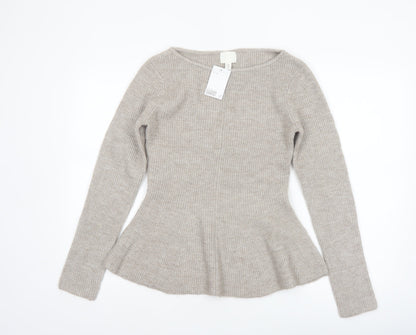 H&M Women Beige Rib-Knit Long Sleeve Pullover Jumper Size 12