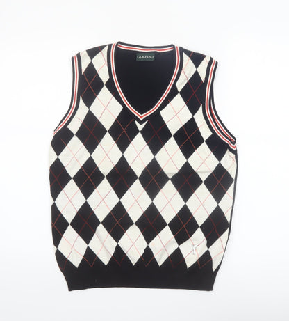 Golfino Womens Black Argyle Knit Cotton V-Neck Sleeveless Vest Size 16