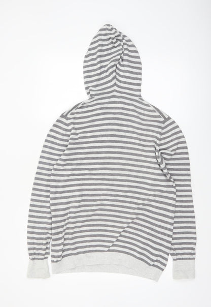 Soviet Men Grey Stripe Hooded Cotton Pullover Jumper M