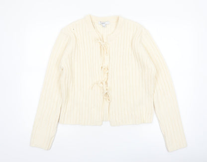 Next Women Ivory Ribbed Knit Tie Front Cardigan Size 14