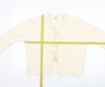 Next Women Ivory Ribbed Knit Tie Front Cardigan Size 14