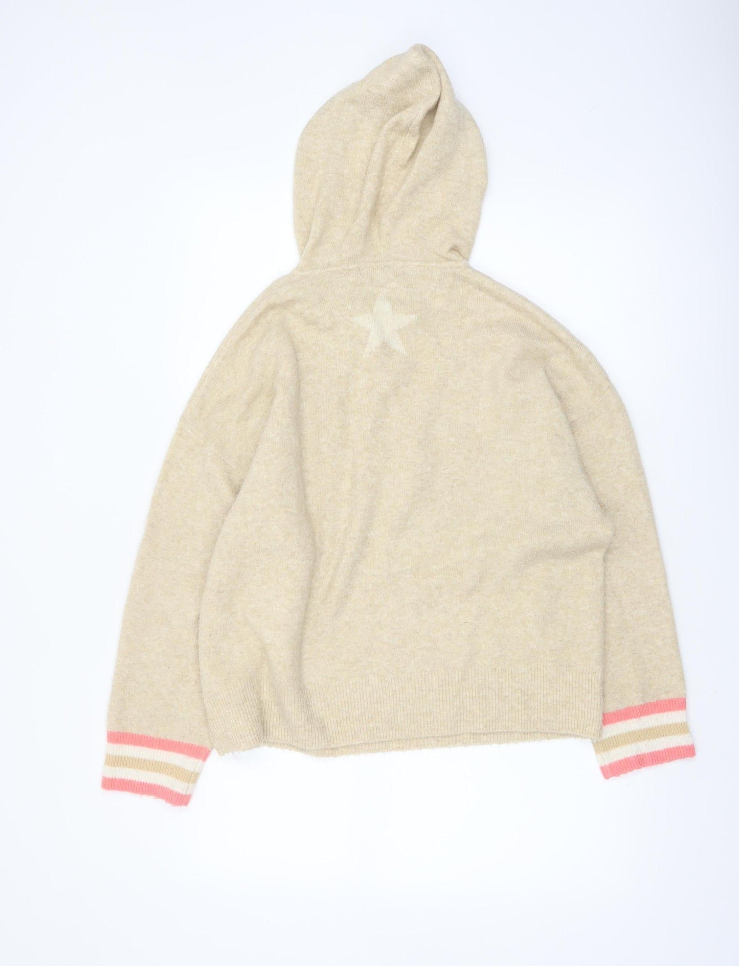 Oliver Bonas Women Beige Hooded Knit Jumper UK 12 Relaxed Fit