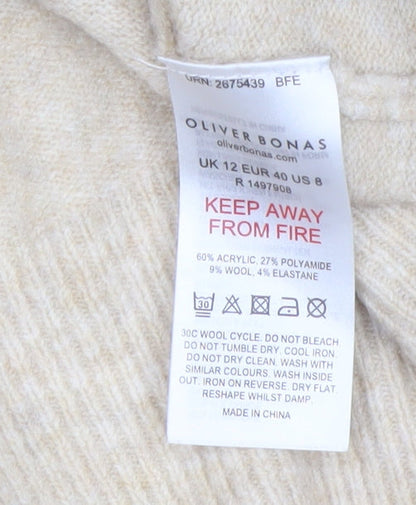 Oliver Bonas Women Beige Hooded Knit Jumper UK 12 Relaxed Fit
