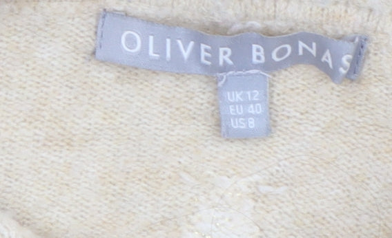 Oliver Bonas Women Beige Hooded Knit Jumper UK 12 Relaxed Fit