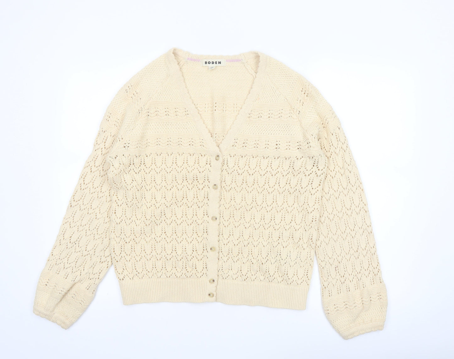 Boden Women Beige Cotton V-Neck Cardigan M Long Sleeve Knit