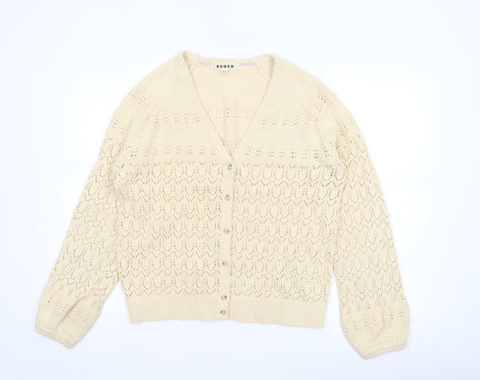 Boden Women Beige Cotton V-Neck Cardigan M Long Sleeve Knit