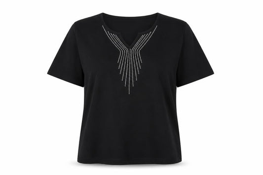 Front view of Roman Originals Women's Black L Basic Beaded V-Neck T-Shirt