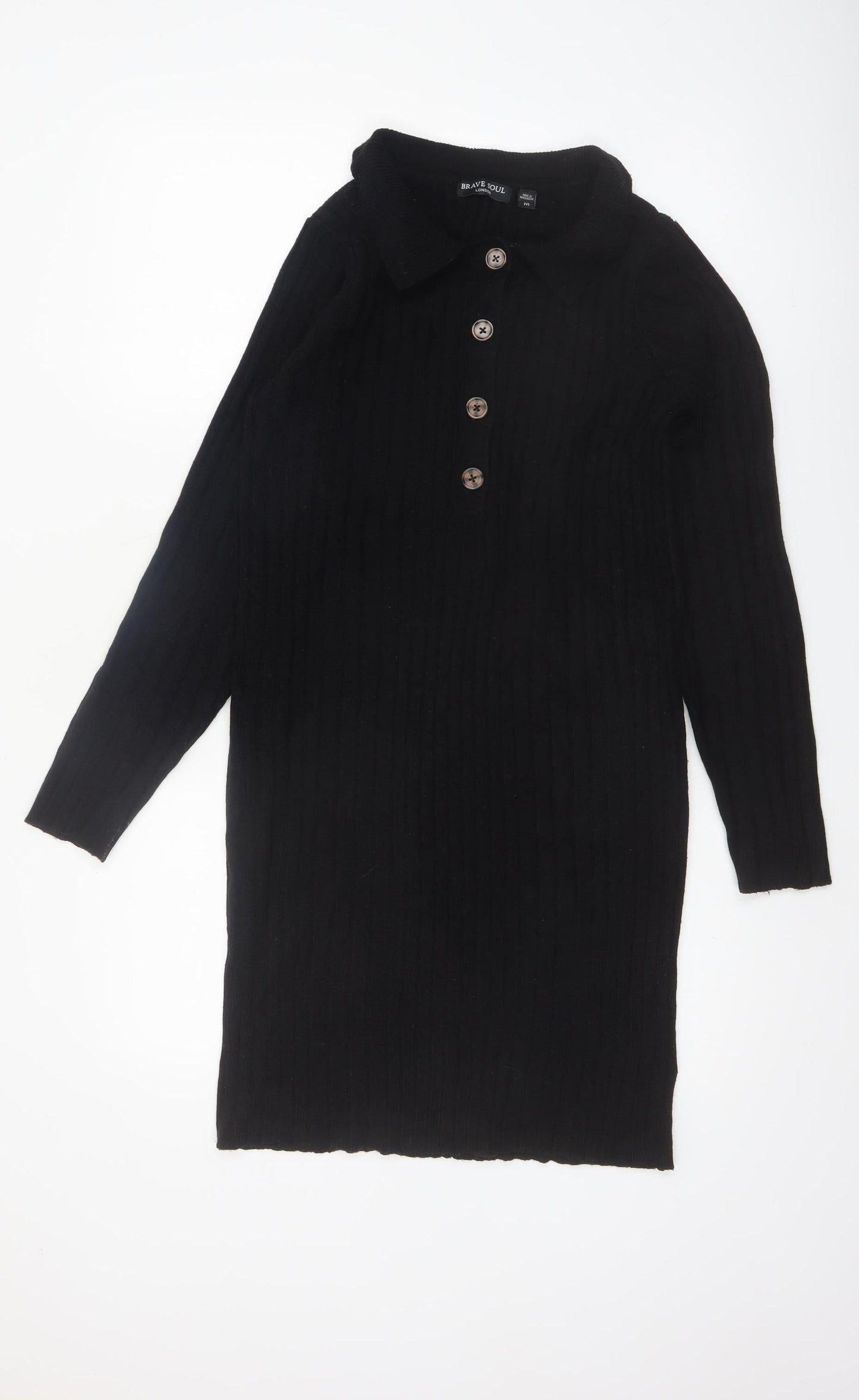 Brave Soul Women's Black Knit Collared Long Sleeve Shirt Dress M
