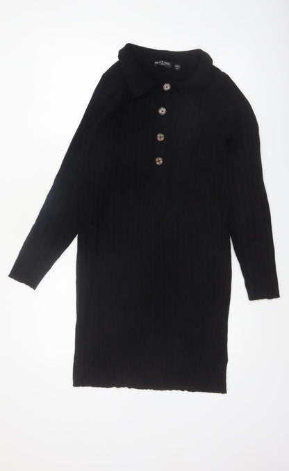 Brave Soul Women's Black Knit Collared Long Sleeve Shirt Dress M