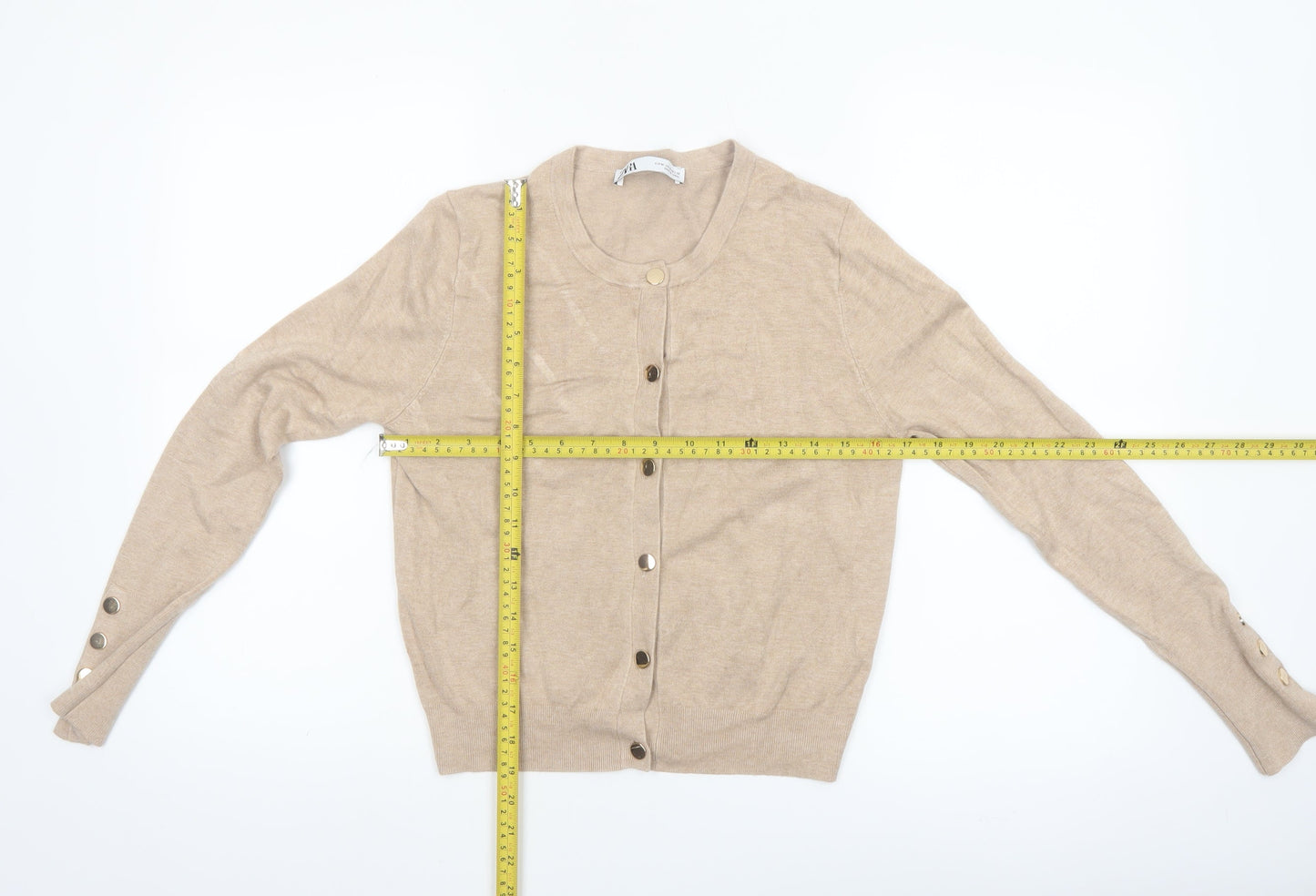 Zara Women Beige Knit Cardigan Size 12 Crew Neck Button Front