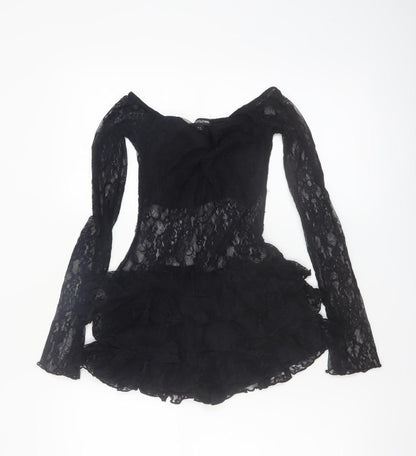PrettyLittleThing Womens Black Lace Long Sleeve Playsuit UK 6