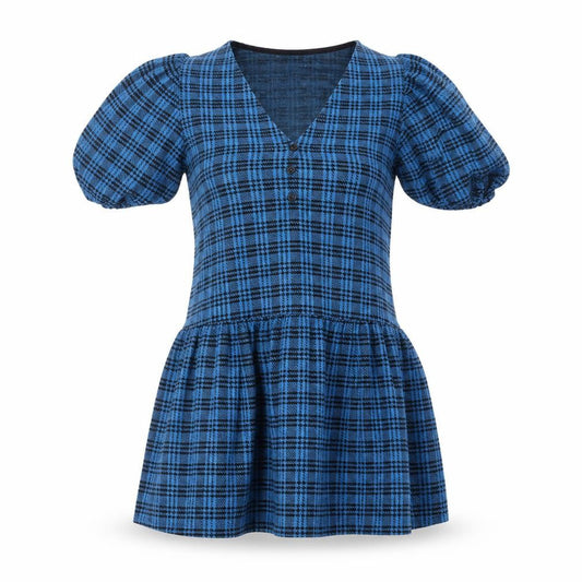 Front view of ASOS Design Women's Blue Check Puff Sleeve Skater Dress, size 8