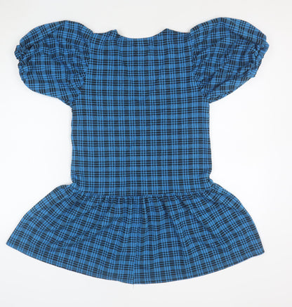 ASOS Design Women's Blue Check Puff Sleeve Skater Dress Size 8