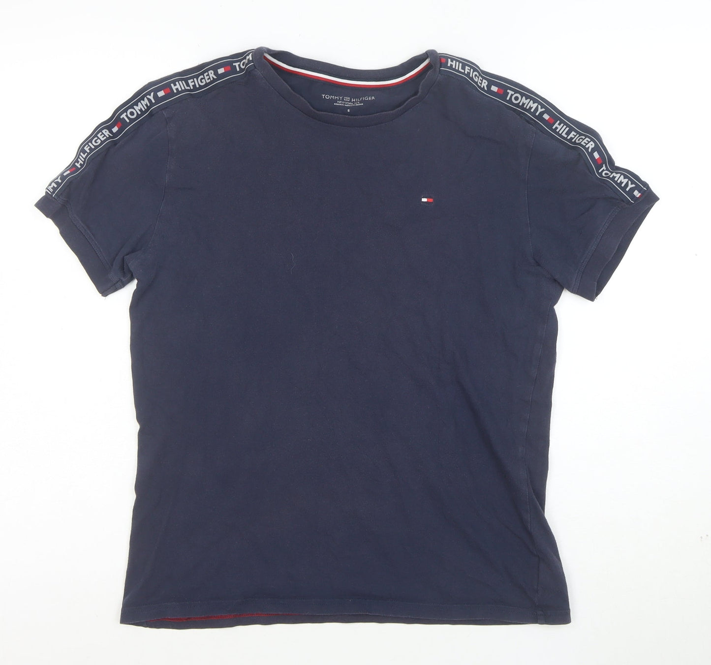 Tommy Hilfiger Men Navy Blue Short Sleeve Logo Tape Cotton T-Shirt S
